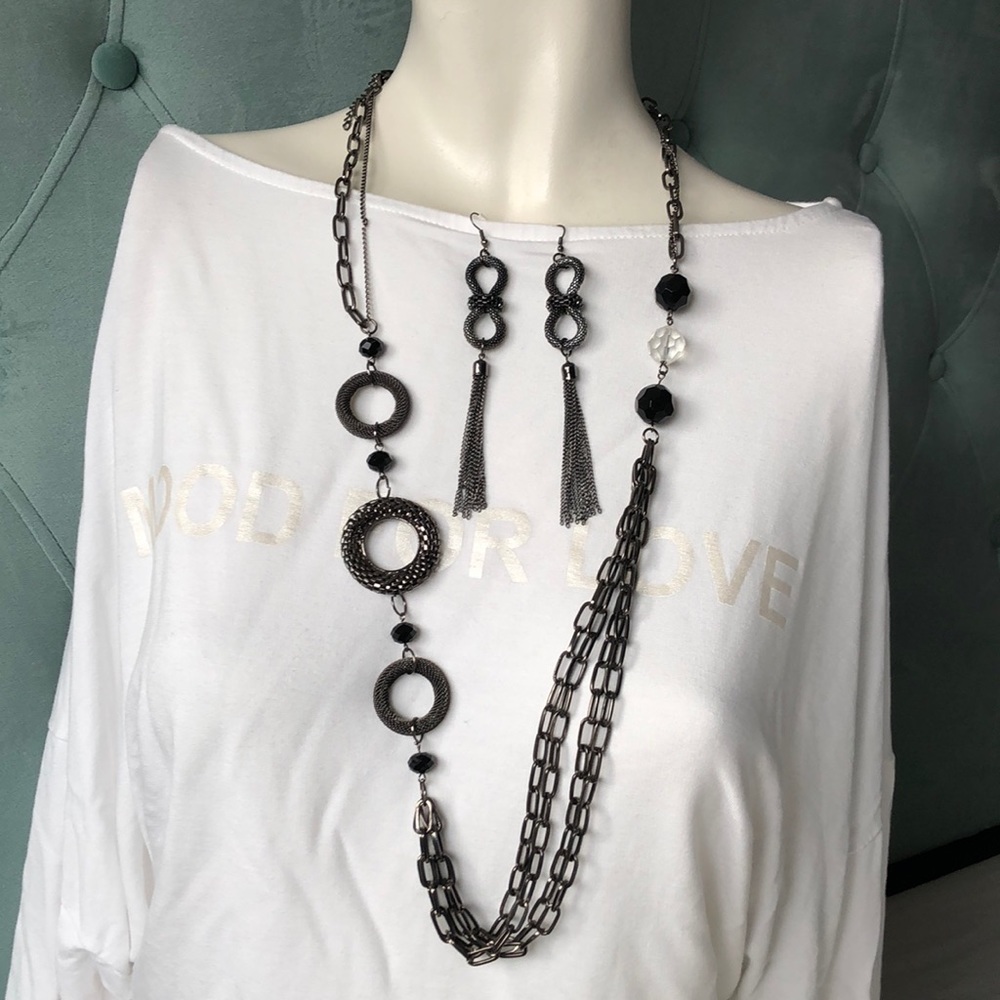 Black Gunmental Statement Long Necklace/Earrings Set Costume Jewelry